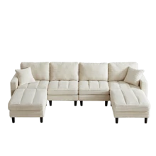 122.5-Inch Oversized U-Shaped Modular Sofa, Corduroy Fabric Sofa, Living Room Sectional Sofa With 2 Pillows, Two Ottoman, Plastic Leg, Black - Beige + Corduroy + Foam + 4 Seat - View 8