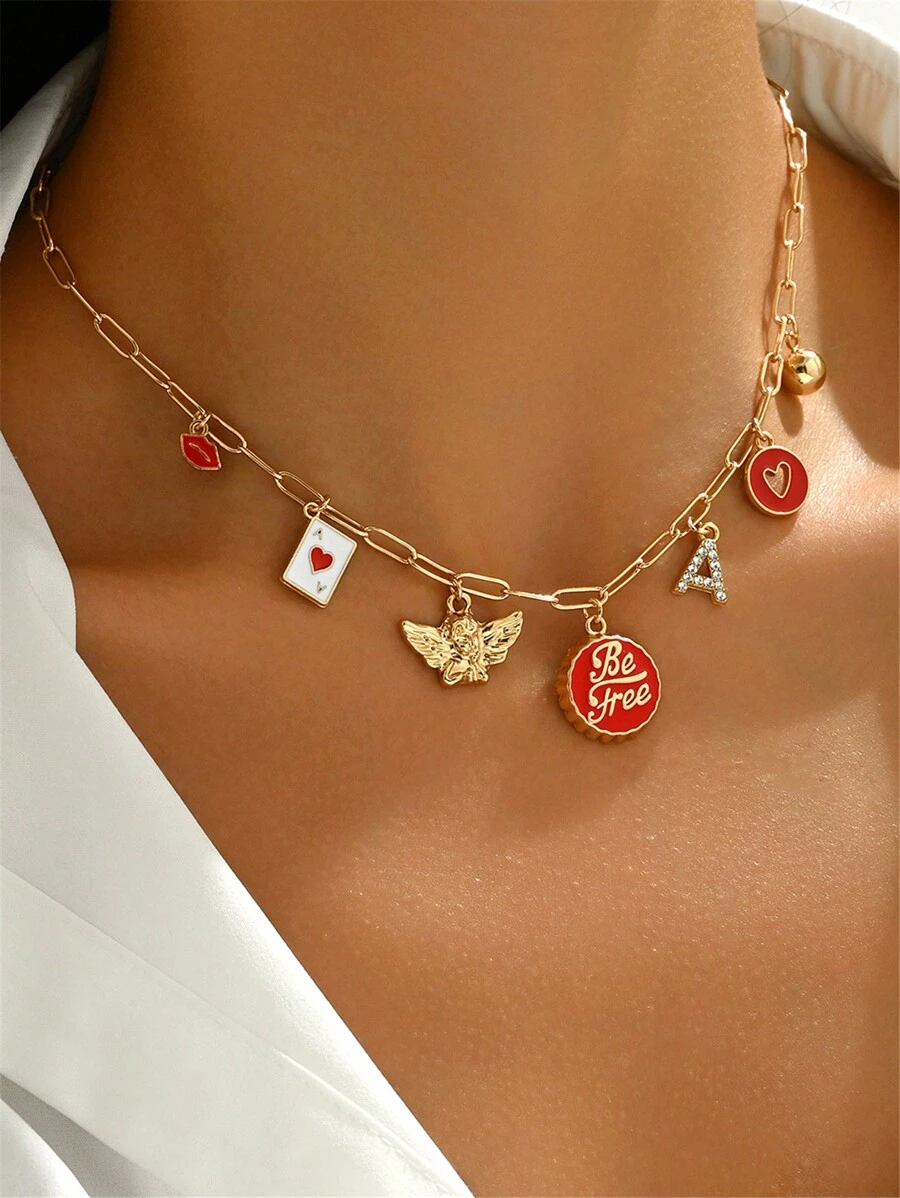 1 件首字母吊坠项链，金色时尚丘比特唇字母“Be Free”吊坠项链，时尚迷人的设计，适合作为母亲节礼物送给妈妈 - 首字母+丘比特 - 查看 1