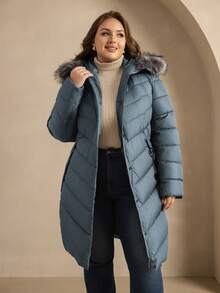 Astrid Plus Size Solid Color Hooded Fluffy Patchwork Long Sleeve Winter Padded Coat - Blue - View 3
