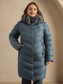 Astrid Plus Size Solid Color Hooded Fluffy Patchwork Long Sleeve Winter Padded Coat - Blue - View 2