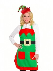 Christmas Apron + Christmas Headband 2 Pieces Set With Bells Embellishments, A Size That Fits Most Adult Christmas Apron Dresses Halloween - Multicolor - View 3