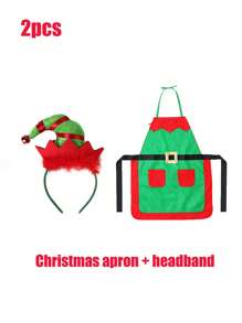 Christmas Apron + Christmas Headband 2 Pieces Set With Bells Embellishments, A Size That Fits Most Adult Christmas Apron Dresses Halloween - Multicolor - View 2