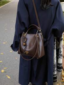 1件复古高端优雅水桶方包手提褶皱立体小包新款秋冬款适合日常通勤约会女士手提单肩斜挎包 - 咖啡棕 - 查看 6