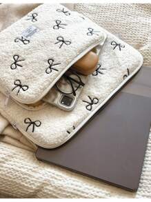 11 ", 14 ", Simple Press Line, Plush Bow, Line Pattern, Fashion, Lightweight, Clutch, Laptop Bag, Tablet Bag Teacher Gift, Teacher Supplies, Teacher Supplies, Teacher Bag, Thank The Teacher, College Bag, School Supplies, School Supplies, Teacher College Student Classroom Laptop Bag, Classroom Bag, Teacher Storage Bag, Classroom Organizer Bag - White - View 4