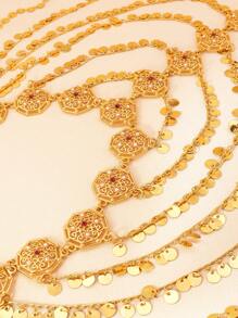 1件时尚优雅金色流苏圆环发链，波西米亚迪拜镂空花朵红色宝石装饰发饰，适合女士派对和节日佩戴，中东风格，准新娘，女士发饰 - 金黃色 - 查看 7