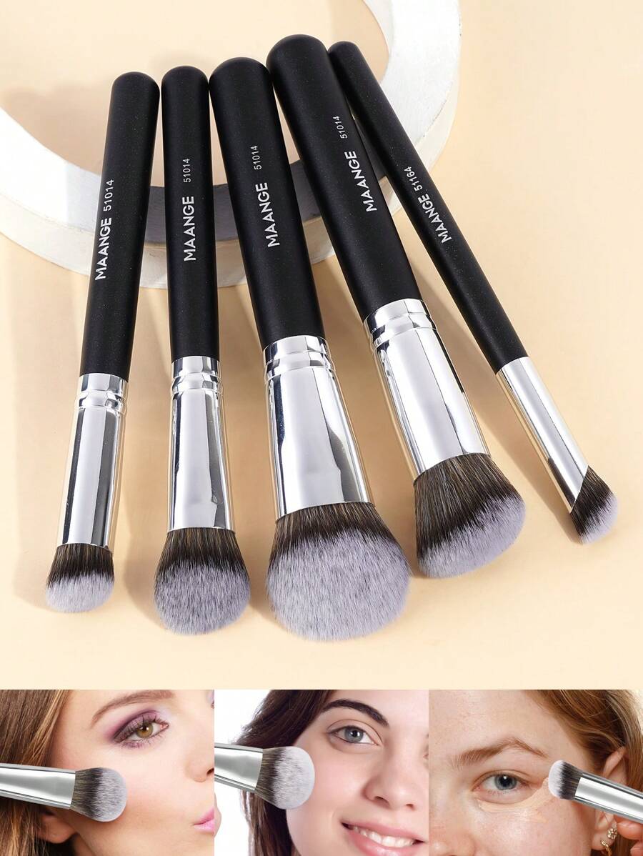 MAANGE 5pcs Professional Facial Makeup Brush Set With Loose Powder Brush Blush Brush Foundation Brush Contour Brush Nose Contour Brush,Makeup Tools With Soft Fiber For Powder,Liquid,For Easy Carrying,Brush For Travel.Gift For Women&Girls - 黑色 - 查看 1