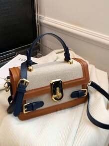Womens Retro Aesthetic Flap Crossbody Bags Splicing Messenger Bags Square Metal Buckle Shoulder Bags With Top Handle For Valentine's Day Gift Idea - Màu xanh hải quân - Xem 6