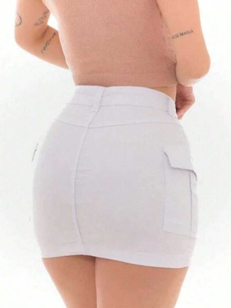 Saia jeans Cargo Branca - Branco - Visão 1