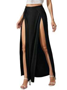 Women's Elastic High Waist Skirt, Solid Color Side High Split Loose Fit Sweat Absorption Long Beachwear Skirt - 黑色 - 查看 3