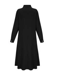 Women's Fashion Solid Color Long Sleeve Single-Breasted Casual Chic Shirt Dress Black Spring Elegant - Black - View 4