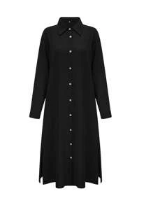 Women's Fashion Solid Color Long Sleeve Single-Breasted Casual Chic Shirt Dress Black Spring Elegant - Black - View 5