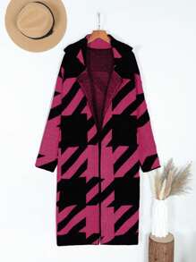 Women's Minimalist Colorblock Long Sleeve Knit Cardigan, Printed & Versatile, Autumn/Winter - Hot Pink - View 6