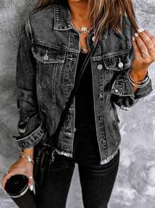 Flap Detail Raw Hem Denim Jacket - Grey - View 1