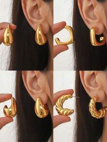 4对极简主义花卉/水滴元素耳环，小号C形耳环，扭曲水滴形素面金属耳钉 - 水滴耳環套 - 查看 1