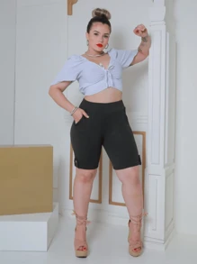 Women's Bermuda Shorts With Pocket And Button - Màu xanh lục của thợ săn - Xem 3