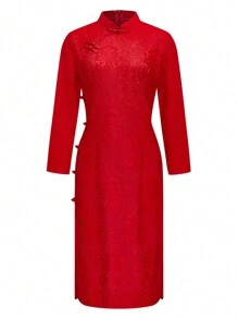 纯色长袖优雅修身旗袍连衣裙 - 紅色 - 查看 1