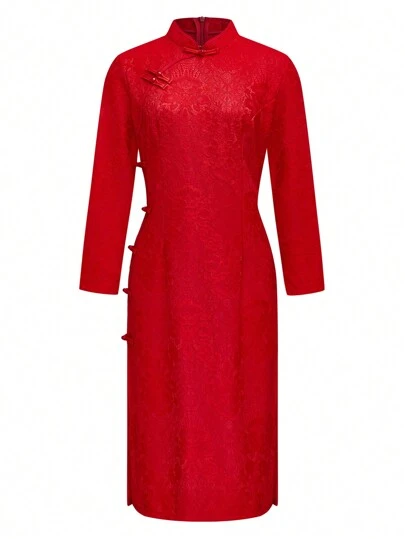 纯色长袖优雅修身旗袍连衣裙