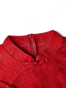 纯色长袖优雅修身旗袍连衣裙 - 紅色 - 查看 3