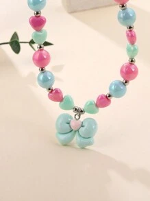 Kids Heart & Bow Beaded Necklace & Bracelet Set For Girls