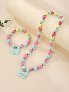 Kids Heart & Bow Beaded Necklace & Bracelet Set For Girls