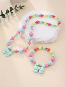 Kids Heart & Bow Beaded Necklace & Bracelet Set For Girls