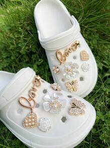 12pcs Sparkling Heart & Camellia Flower Shoe Charms Decorations, Suitable For Sandals And Clogs, Removable. Holiday Gift