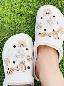 12pcs Sparkling Heart & Camellia Flower Shoe Charms Decorations, Suitable For Sandals And Clogs, Removable. Holiday Gift