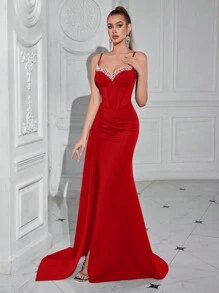ADYCE V领镶钻高腰长开衩露背连衣裙，女士正式晚礼服，婚礼宾客礼服，夏季新年礼服 - 紅色 - 查看 3
