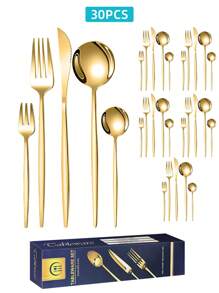 Juego de cubiertos de 15/20/30 piezas de acero inoxidable, elegante conjunto de cubiertos dorados de 15/20/30 piezas, conjunto de cubiertos con acabado dorado, cuchillos, tenedores y cucharas de cena reutilizables para uso diario y en el hogar, caja de regalo, útiles escolares
