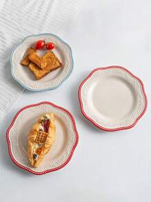 1pc Minimalist French Style Ceramic Plate, 7.8 Inch, Embossed, Heat-Resistant, Vintage Niche Design, High-Quality Dessert, Cake, Breakfast, Fruit Plate, Suitable For Home, Dining Room, Hotel, Cafe