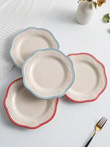 1pc Minimalist French Style Ceramic Plate, 7.8 Inch, Embossed, Heat-Resistant, Vintage Niche Design, High-Quality Dessert, Cake, Breakfast, Fruit Plate, Suitable For Home, Dining Room, Hotel, Cafe