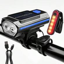 Solar Powered Bicycle Light Set With Horn, 120dB, Rechargeable, Mountain Bike/Road Bike Front Light/Flashlight/Tail Light - Multicolor - View 14