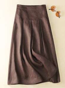 Women's Solid Color Pleated Mid-Length Casual Commuter Skirt Spring - Brown - View 3