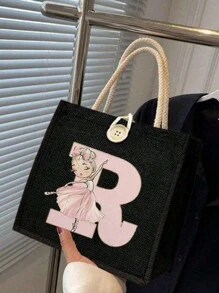 1 件芭蕾女孩卡通首字母图案亚麻收纳手提袋、收纳袋、便携式购物收纳袋、女孩礼品收纳手提袋、轻便收纳袋、旅行必需品旅行洗漱包个性化字母包零食包时尚物品收纳袋毕业生日礼物女士收纳袋，圣诞节最佳教师礼物 - 黑色 - 查看 4