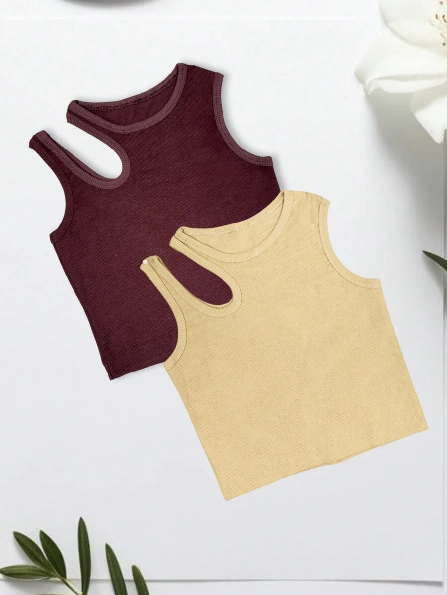 Women's Ribbed Crop Top High Quality Women's Low-Cut Ribbed Blouse - 咖啡色和米色 - 查看 1