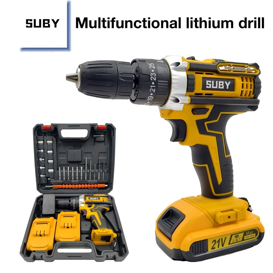 1 Set Of SUBY Cordless Impact Drill, Multi-Function Electric Screwdriver For Home Use, Includes 2 Batteries + 24 Luxury Accessories, Suitable For Screwing And Drilling