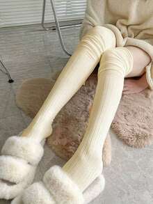 1 双女士过膝袜 过膝长靴袜 女童护腿袜 女士过膝袜 纯色弹力 - 白色 - 查看 5