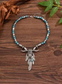 1pc Turquoise Beaded Vintage Ox Head Pendant Necklace For Women - Multicolor - View 2