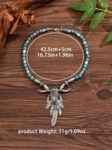 1pc Turquoise Beaded Vintage Ox Head Pendant Necklace For Women - Multicolor - View 3