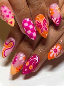 24PCS Heart Colorful French-Style Medium Square Press On Nails Flowers Fully Covered With Fake Nails And Grid Design-Beautiful Line And Flower Design - The Perfect Accessory For Women And Girls Who Love To Stand Out-1pc Nail File & 1Nail Glue Sticker Kit Nails For Girl Mother Women Gift, Whitening Nail Art Set With Detachable Fake Nails For Festival, Party, Date And Daily Wear