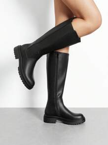 Women's Round-Toe Knee-High Boots Pull On  Flat Solid Color Comfortable Fashionable Boots - màu đen - Xem 3