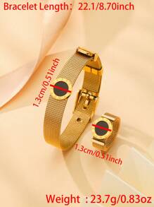 1套/2入組不鏽鋼網帶扣手鐲戒指婚禮珠寶套裝,適用於女士男士 - 金色 - 查看 2