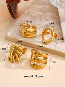 Conjunto de 4 peças de anéis de linhas geométricas de aço inoxidável banhados a ouro 18K, adequados para uso diário feminino