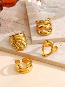 Conjunto de 4 peças de anéis de linhas geométricas de aço inoxidável banhados a ouro 18K, adequados para uso diário feminino