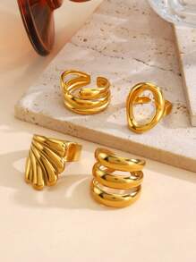 Conjunto de 4 peças de anéis de linhas geométricas de aço inoxidável banhados a ouro 18K, adequados para uso diário feminino