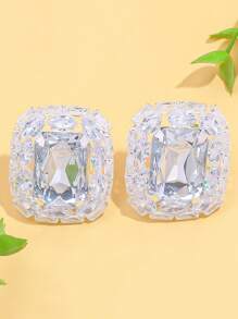 1 Pair Silver Geometric Rhinestone Clip-On Earrings, Fashionable Stylish For Party, Banquet Wear
