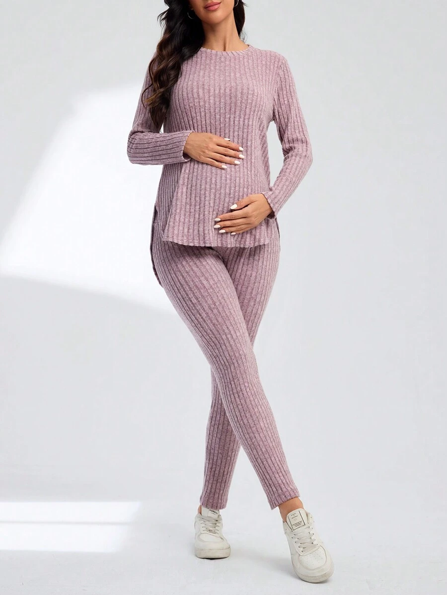 weisilong 孕妇纯色圆领罗纹开叉高低下摆 T 恤和紧身裤两件套 - 中紫紅色 - 查看 1