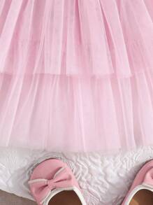 女婴罗纹领网眼下摆蛋糕裙配腰带，可爱公主风，秋季时尚 - 粉色 - 查看 5