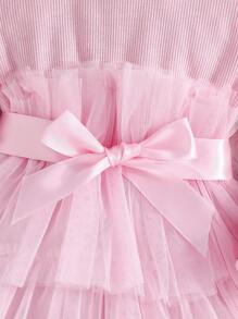 女婴罗纹领网眼下摆蛋糕裙配腰带，可爱公主风，秋季时尚 - 粉色 - 查看 4