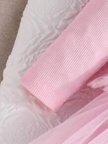 女婴罗纹领网眼下摆蛋糕裙配腰带，可爱公主风，秋季时尚 - 粉色 - 查看 3